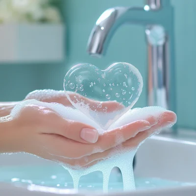 Hand Washing with Heart Soap Bubbles