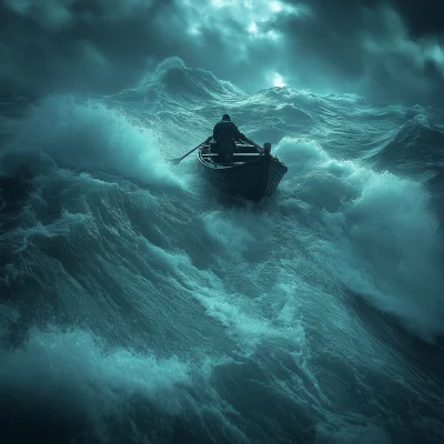 Man in Row Boat in Stormy Ocean