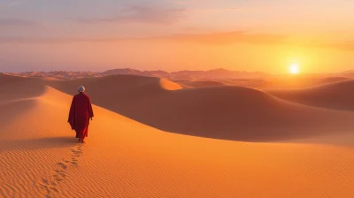 Old Woman Walking in Desert at Sunset