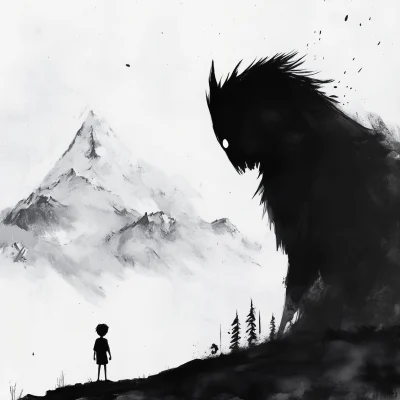 Boy and Kind Monster in Mountains