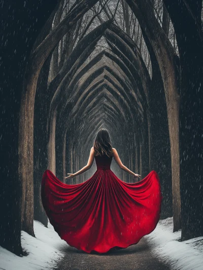 Woman in Dark Red Dress in Woodland