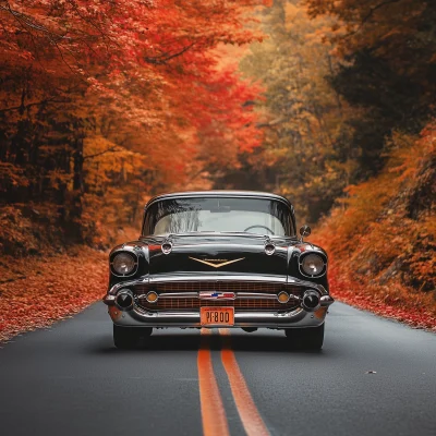 Classic Car on Autumn Road