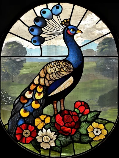 Stained Glass Peacocks and Peonies