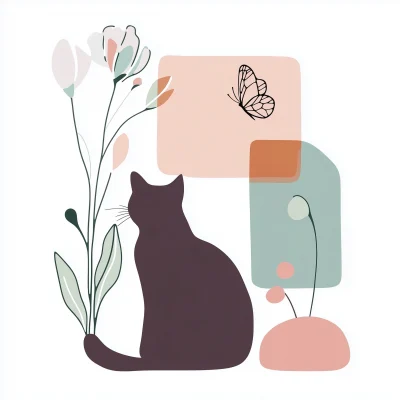 Simplified Cat and Abstract Flowers