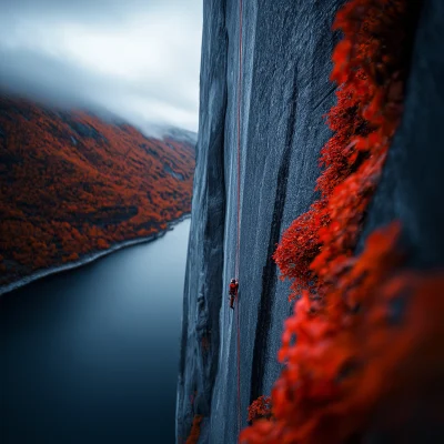 Rock Climber in Autumn Landscape