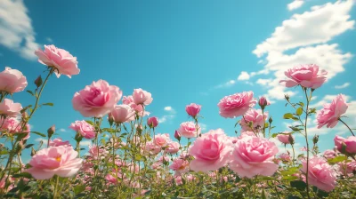 Pink Rose Field Against Blue Sky