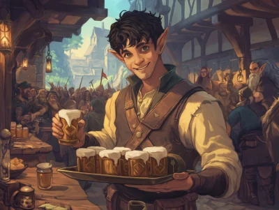 Elf Bartender in a Medieval Tavern