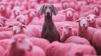 Weimaraner Among Pink Sheep