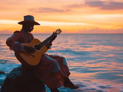 Lone Musician Playing Guitar by the Sea