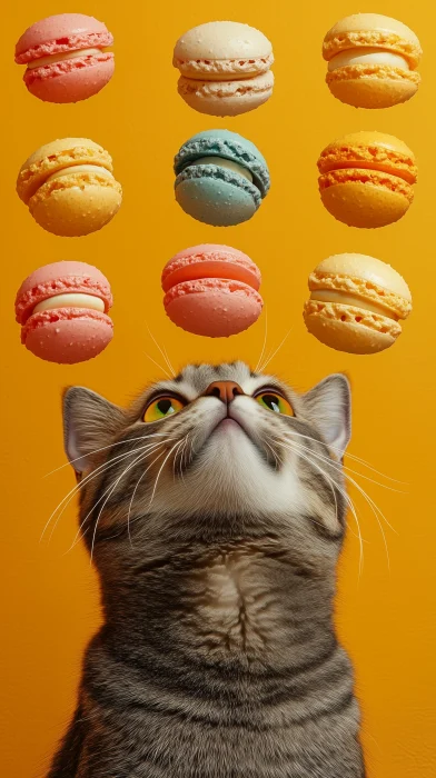 Playful Cat with Macaroons