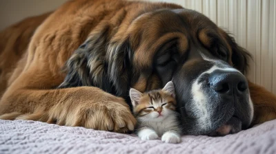 Giant Dog and Kitten Snuggling