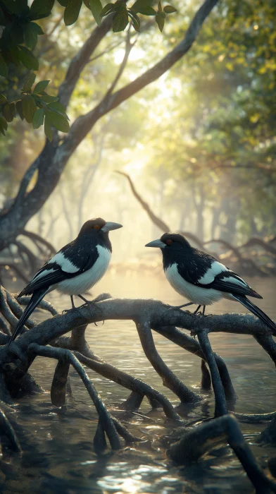 Magpies on Mangrove Branches