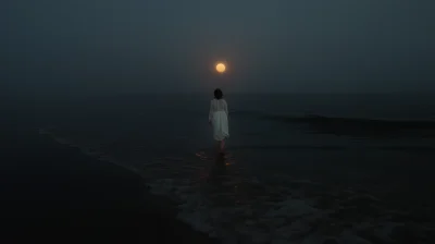 Woman Walking on Water Under Moonlight