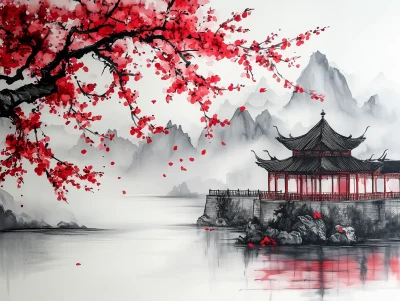 Mountain Landscape with Cherry Blossoms