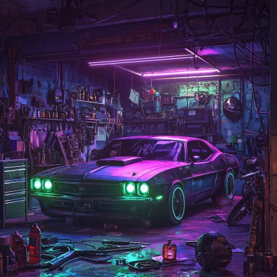 Cyberpunk Muscle Car in Garage