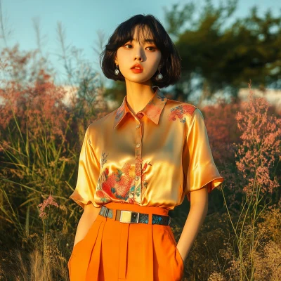 Stylish Asian Woman in Orange Skirt