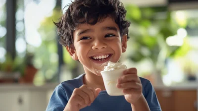 Hispanic Kid Enjoying Yogurt