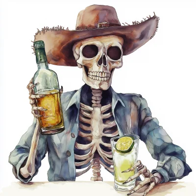 Skeleton Cowboy Drinking Tequila