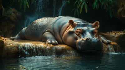 Sleeping Hippo by the Waterfall