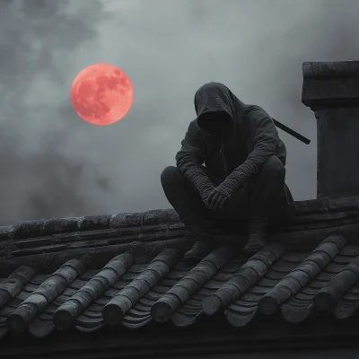 Ninja on Rooftop Under Red Moon