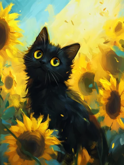 Cute Black Cat with Sunflowers