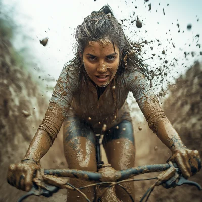 Indian Woman Cycling Through Mud