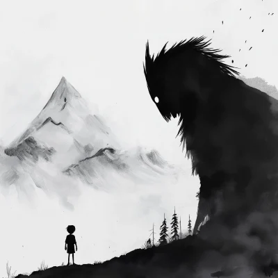 Boy and Kind Monster in the Mountains