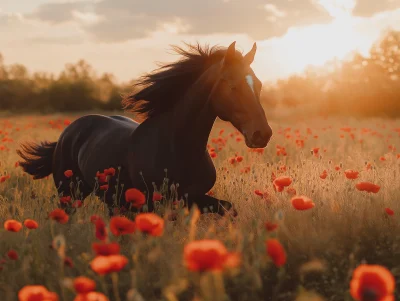 Black Horse in Poppy Meadow