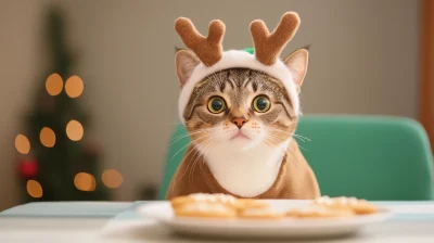 Playful Cat in Reindeer Costume