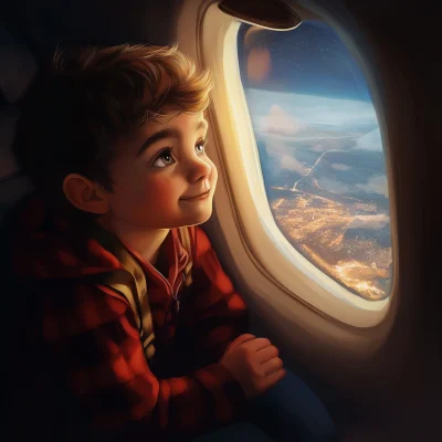 Boy Looking Out of Airplane Window