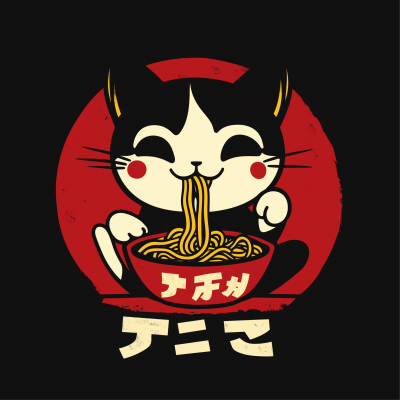 Cute Japanese Cat Eating Ramen