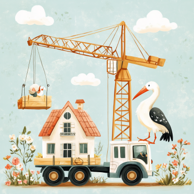 Stork Driving a Crane Truck