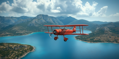 Red Biplane Over Seashore