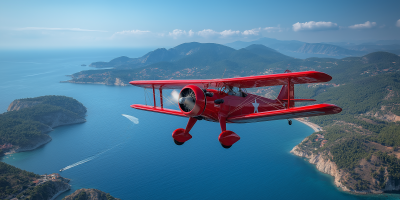 Red Biplane Over Seashore