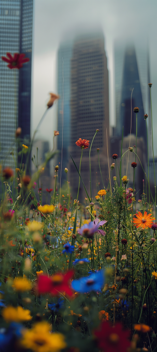 Urban Meadow with Skyscrapers