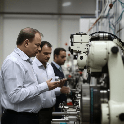 Businessmen Inspecting Machinery