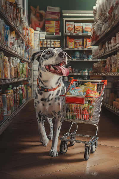 Happy Dog with Grocery Cart