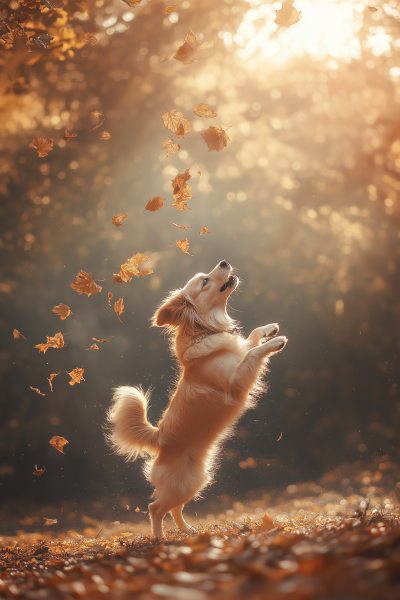 Cheerful Dog Playing in Autumn