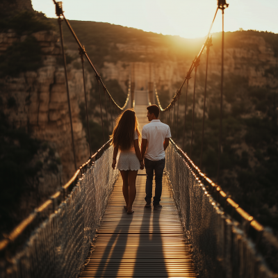 Couple Crossing Bridge at Sunset