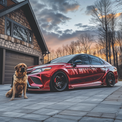 Red Toyota Camry with Dog