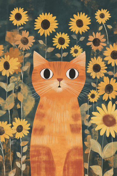 Orange Cat in Sunflowers