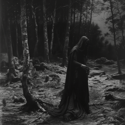 Haggard Woman in Dark Woods