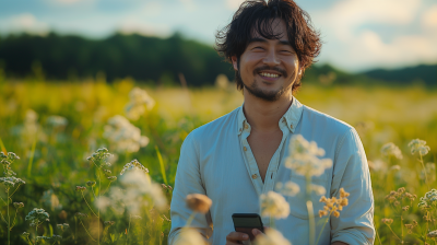 Smiling Japanese Man in the Field