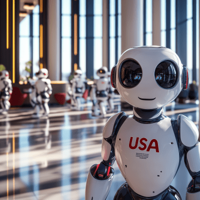 Modern Hotel Lobby with Robots