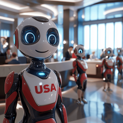 Modern Hotel Lobby with Robots