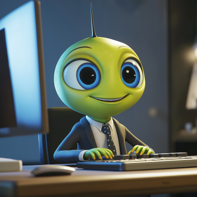 Cute Green Alien Working