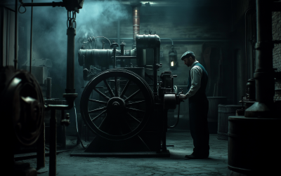 Factory Worker by Steam Machine at Night