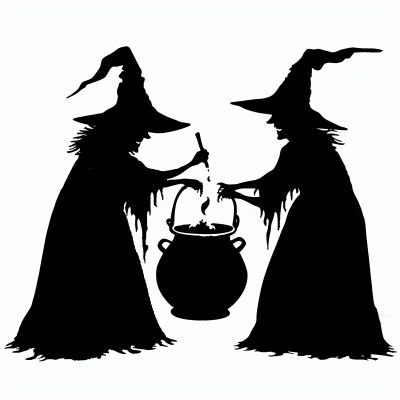 Silhouette of Scary Witches Stirring Cauldron