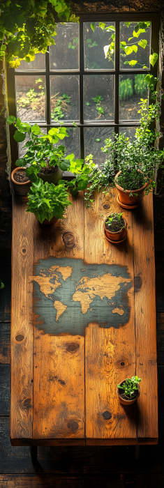 Wooden Table with Map and Plants