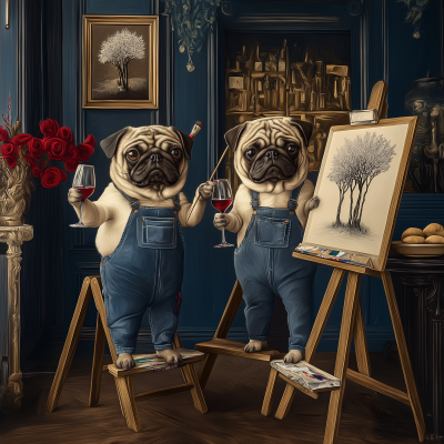 Pugs in an Art Deco Wine Shop